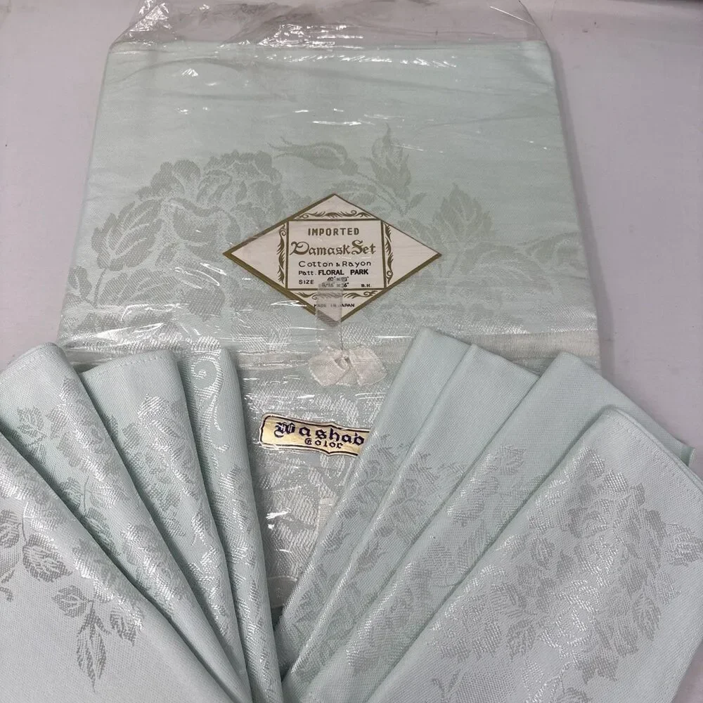 Vtg Japan Damask Tablecloth 60x90 8 Napkins Floral Park Mint Green Lt Aqua NOS